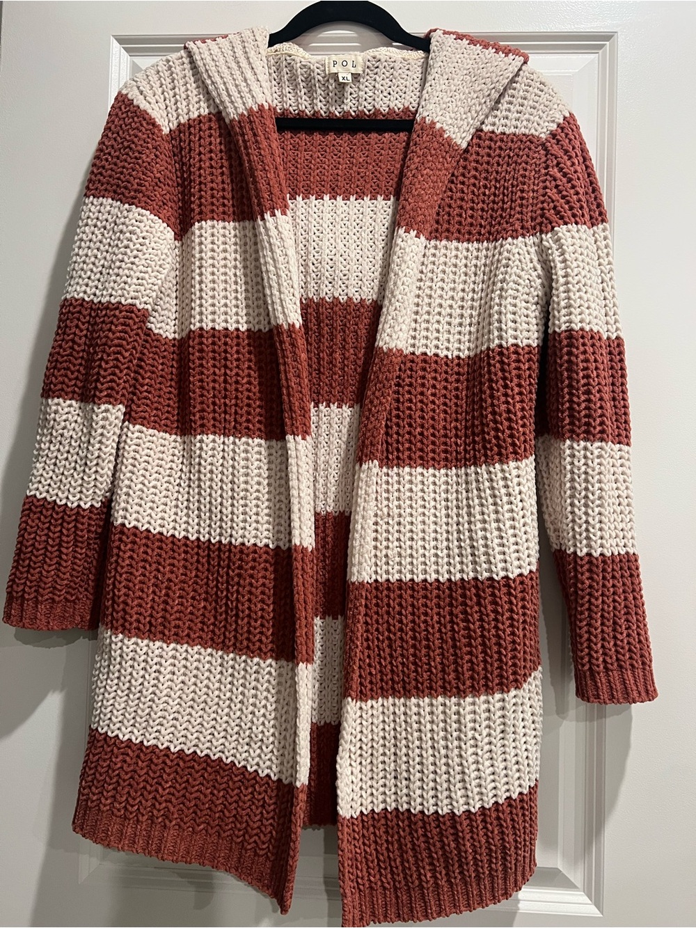 POL Hooded Open Cardigan Sweater in Cream & Rust